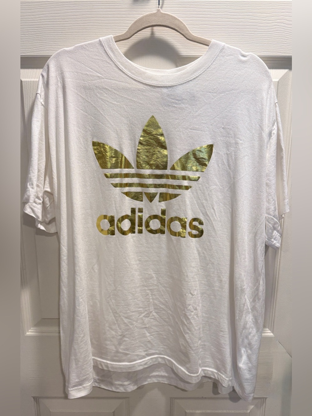 Adidas Originals White Gold Foil Trefoil Graphic Tee T-Shirt XL Cotton - Picture 2 of 7